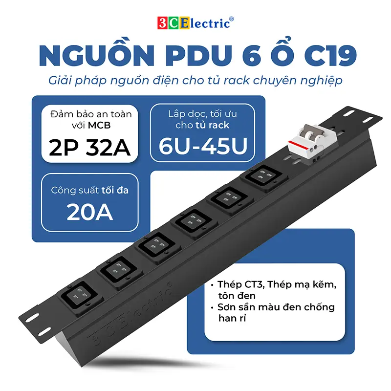 Ổ điện 06 ổ cắm chuẩn C19, Công suất 20A, có MCB 32A