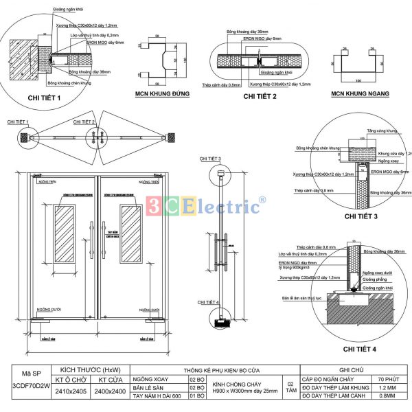 bản vẽ chi tiết cửa chống cháy mở 2 chiều 2 cánh