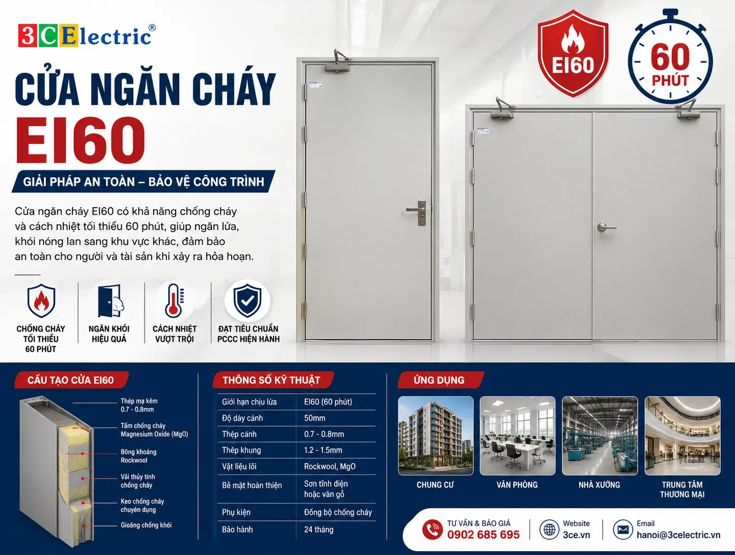 Cửa Chống Cháy EI60 Là Gì? Tiêu Chuẩn, Cấu Tạo Và Ứng Dụng