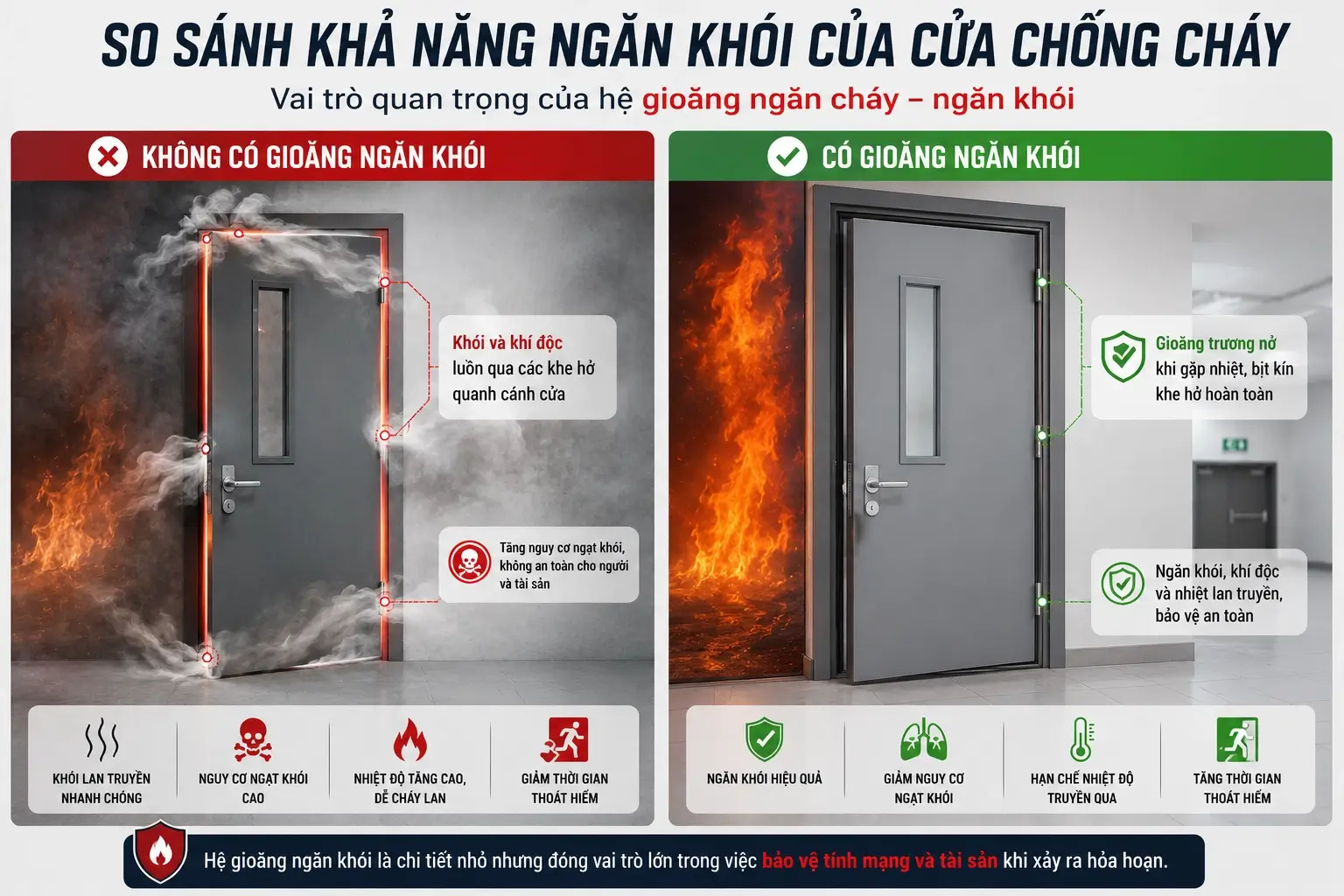 So sánh khả năng ngăn khói của cửa có và không có gioăng