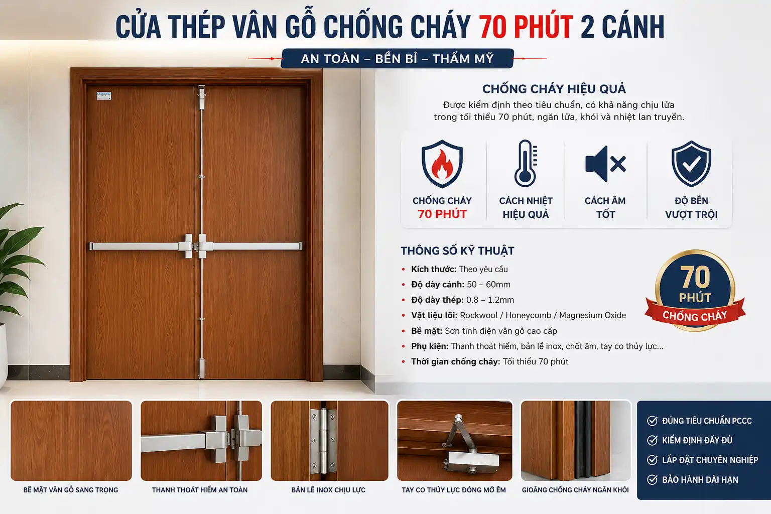 Cửa thép vân gỗ chống cháy 70 phút