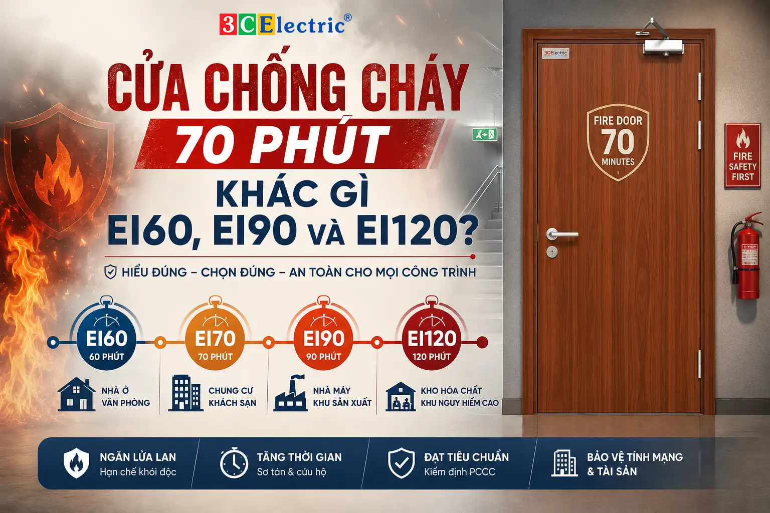 Cửa chống cháy 70 phút khác gì EI60, EI90 và EI120?