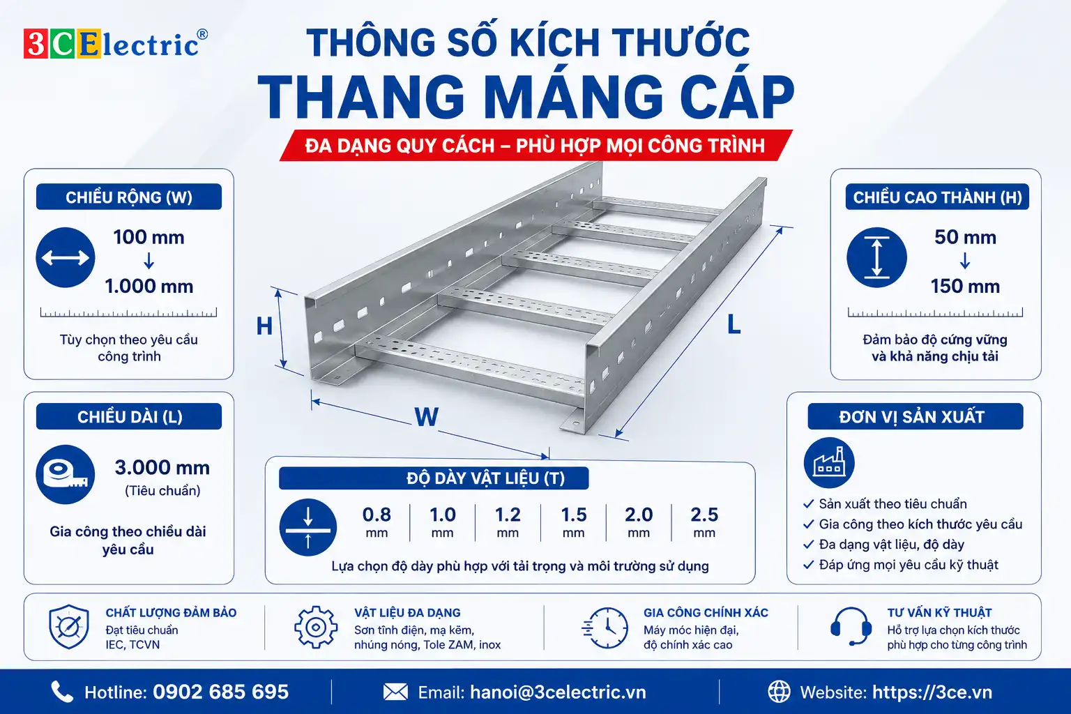 Thông số kích thước thang máng cáp 3CElectric
