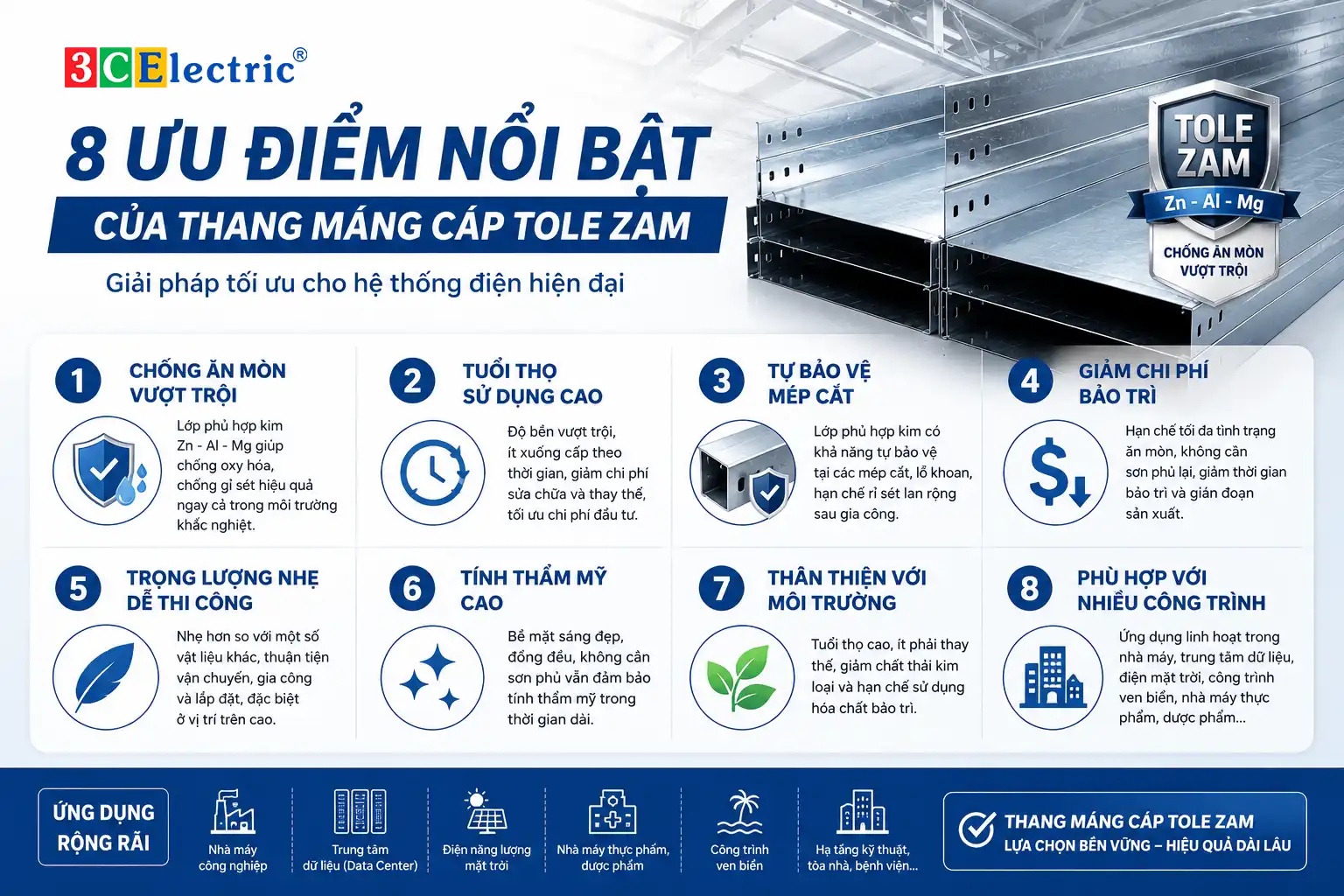 8 ưu điểm nổi bật của thang máng cáp Tole ZAM